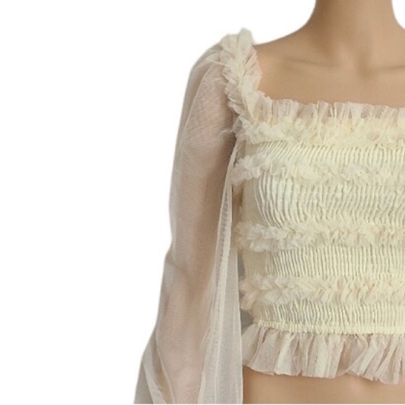 Mele E Pere Tops - Mele E Pere square neck tulle sleeve crop top, cream medium balletcore feminine